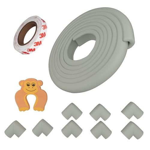 Supples Amazon Brand - Supples Baby Proofing Kit | Grey | Set of 11 | 16.4 ft Safety Strip for Furniture Edges, 8 Pre-Taped Corner Guards, 1 Door Stopper, 1 Tape | Non-Toxic, Tested As Per is 9873 Standards - Image 1