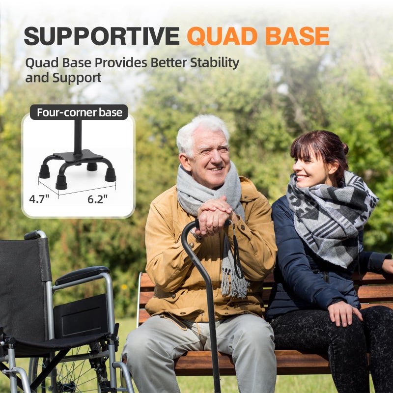 BeneCane Quad Cane Adjustable Walking Cane with Offset Soft Cushioned Handle for Men & Women Lightweight Comfortable with 4-Pronged feet for Extra Stability(Black) - Image 2