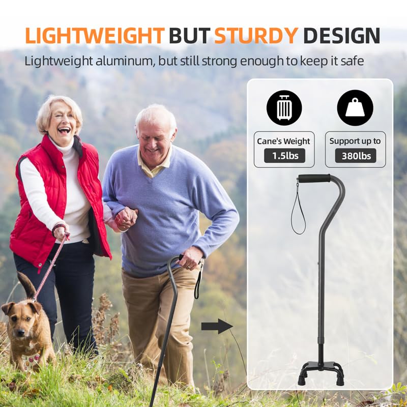BeneCane Quad Cane Adjustable Walking Cane with Offset Soft Cushioned Handle for Men & Women Lightweight Comfortable with 4-Pronged feet for Extra Stability(Black) - Image 5