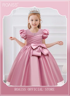 roaiss Girls Puff Sleeve Mesh Insert Big Bow Front Satin Gown Dress Party Princess Dress Toddler Little Kids Birthday Party Wear Wedding Evening Formal Pageant Dance Gown Dusty Pink  - Image 1