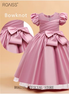 roaiss Girls Puff Sleeve Mesh Insert Big Bow Front Satin Gown Dress Party Princess Dress Toddler Little Kids Birthday Party Wear Wedding Evening Formal Pageant Dance Gown Dusty Pink  - Image 5