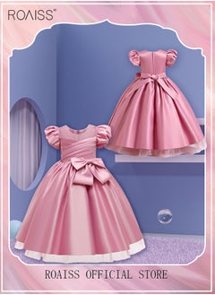 roaiss Girls Puff Sleeve Mesh Insert Big Bow Front Satin Gown Dress Party Princess Dress Toddler Little Kids Birthday Party Wear Wedding Evening Formal Pageant Dance Gown Dusty Pink  - Image 4
