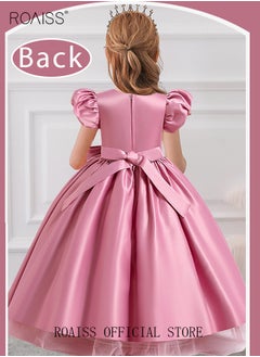 roaiss Girls Puff Sleeve Mesh Insert Big Bow Front Satin Gown Dress Party Princess Dress Toddler Little Kids Birthday Party Wear Wedding Evening Formal Pageant Dance Gown Dusty Pink  - Image 3