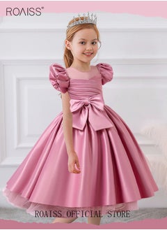 roaiss Girls Puff Sleeve Mesh Insert Big Bow Front Satin Gown Dress Party Princess Dress Toddler Little Kids Birthday Party Wear Wedding Evening Formal Pageant Dance Gown Dusty Pink  - Image 2
