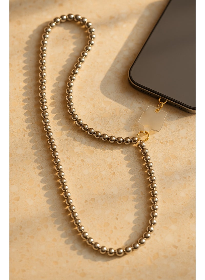 Metal Beads Phone Strap Bundle – Small Wrist Strap + Long Neck Strap – Premium Gold Ring Design – Stylish & Durable - Image 2
