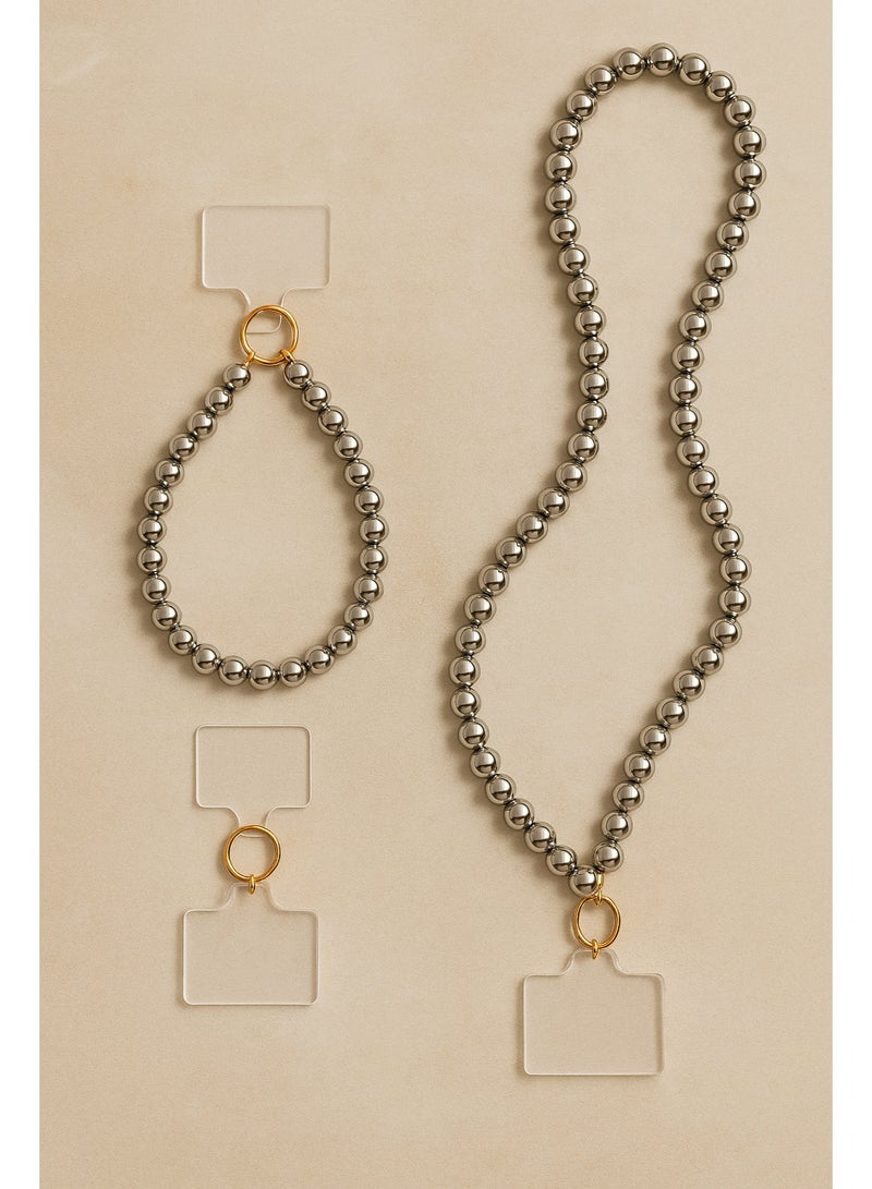 Metal Beads Phone Strap Bundle – Small Wrist Strap + Long Neck Strap – Premium Gold Ring Design – Stylish & Durable - Image 1