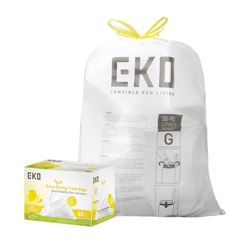 EKO 21 Gallon / 50-90 Liter, 60 Count Drawstring Trash Bags, Extra-Strong Garbage Bags, Lemon Zest Scent with Continuous Odor Control, Easy-Dispense Roll for Kitchen and Household Use, Code G, White - Image 1