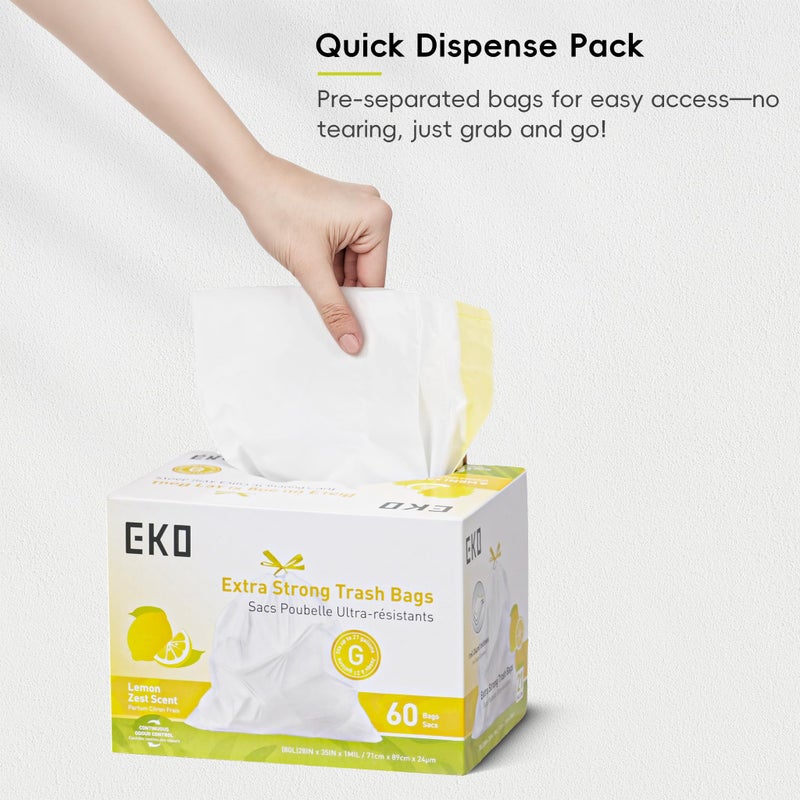 EKO 21 Gallon / 50-90 Liter, 60 Count Drawstring Trash Bags, Extra-Strong Garbage Bags, Lemon Zest Scent with Continuous Odor Control, Easy-Dispense Roll for Kitchen and Household Use, Code G, White - Image 5