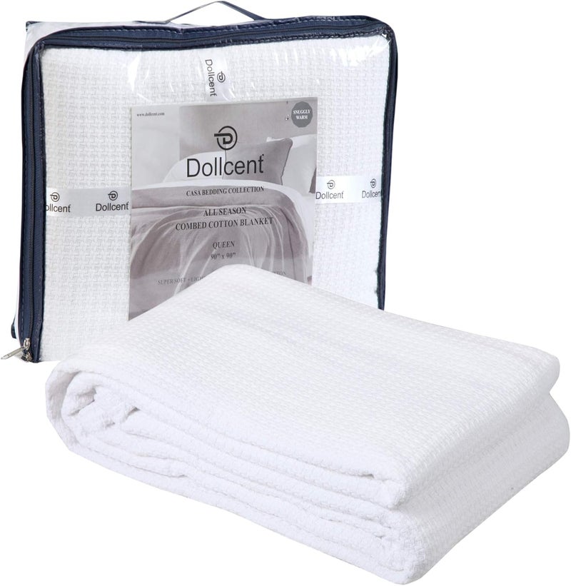 DOLLCENT 100% Cotton Queen Size Blanket for Bed, Premium Soft Combed Lightweight Blankets, Washed Breathable Cozy Bed Throw Blanket, White Queen Cotton Blankets for All Season: White (90"x90") - Image 1