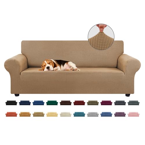 KEKUOU Stretch Sofa Cover Slipcover Couch Covers for 3 Cushion Couch Sofa pet Friendly 7994 Furniture Protector Sofa with Elastic Bottom for KidsDog Jacquard Small CheckedLargeCamel