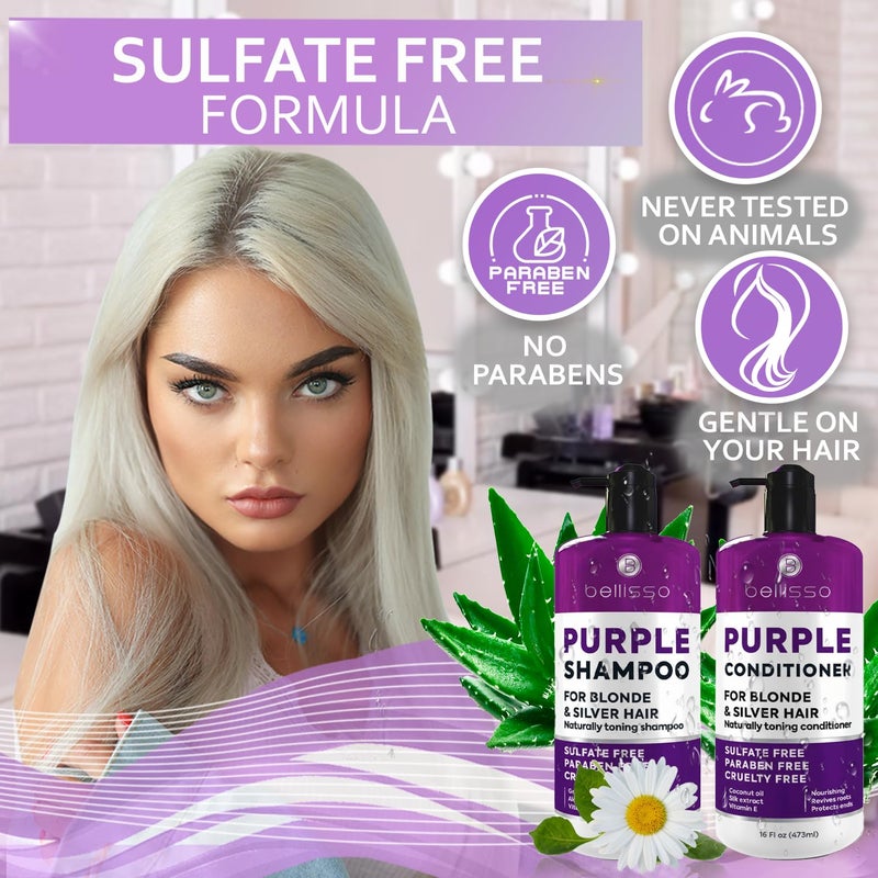 BELLISSO Purple Shampoo and Conditioner Set for Platinum Blonde, Silver, Light, Bleached and Grey Hair - Sulfate and Paraben Free Professional Salon Grade Toner (2 x 16.9 fl oz) â€“ for Women and Men - Image 4