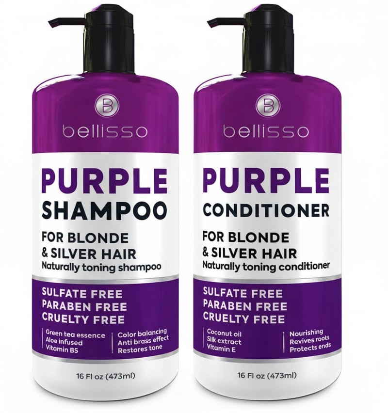 BELLISSO Purple Shampoo and Conditioner Set for Platinum Blonde, Silver, Light, Bleached and Grey Hair - Sulfate and Paraben Free Professional Salon Grade Toner (2 x 16.9 fl oz) â€“ for Women and Men - Image 1
