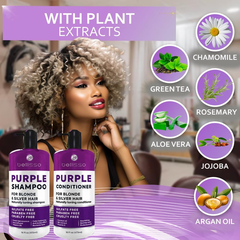 BELLISSO Purple Shampoo and Conditioner Set for Platinum Blonde, Silver, Light, Bleached and Grey Hair - Sulfate and Paraben Free Professional Salon Grade Toner (2 x 16.9 fl oz) â€“ for Women and Men - Image 3