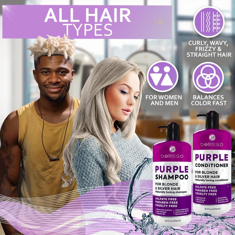 BELLISSO Purple Shampoo and Conditioner Set for Platinum Blonde, Silver, Light, Bleached and Grey Hair - Sulfate and Paraben Free Professional Salon Grade Toner (2 x 16.9 fl oz) â€“ for Women and Men - Image 5