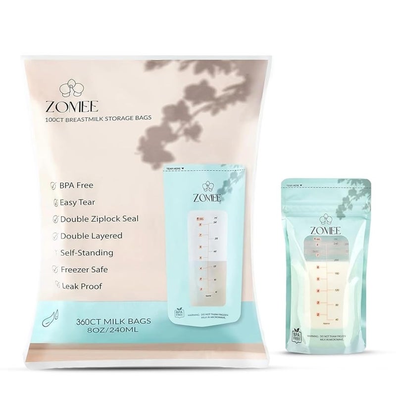 Zomee Breast Milk Storage Bags 8oz - Leakproof Double-Zip Seal, Self-Standing, Easy-Pour Design, Freezer Safe, Pre-Sterilized, BPA & Phthalate Free - Bulk Pack of 360 - Image 1
