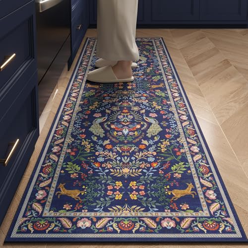 Rugcomf Runner Rug Washable Kitchen Runner 26x8 Runner Rug for Entryway Indoor Floral NonSlip Soft Carpet Runner for Hallways Kitchen Laundry Bedroom BathroomBlue