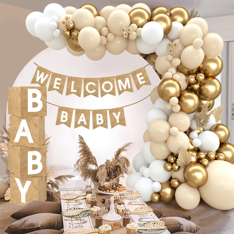 Netnology Boho Baby Shower Decorations-97Pcs Burlap Grain Baby Boxes,Nude and Gold Balloons Arch Kit and "WELCOME BABY" Banner for Neutral Baby Shower Decorations,Birthday Party Supplies,Gender Reveal - Image 5
