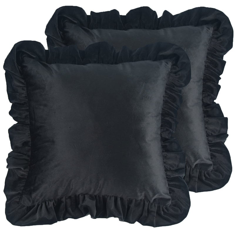 Jemiipee Velvet Ruffle Throw Pillow Covers Couch, Set of 2 Decorative Pillowcases with Ruffles 18x18 Inch Solid Color Shabby Chic Farmhouse Cushion Cover for Living Room Sofa Bed, Black - Image 1