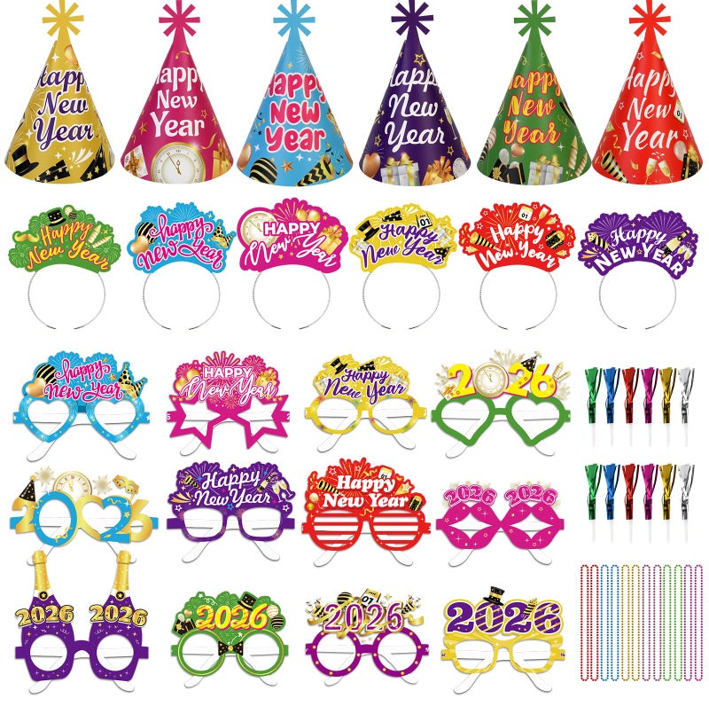HOWAF New Years Eve Party Supplies 2026 48 Pieces Colorful New Years Eve Hats Happy New Year Headband 2026 Glasses Party Blowouts and Necklace NYE Party Supplies New Years Eve Accessories Kit