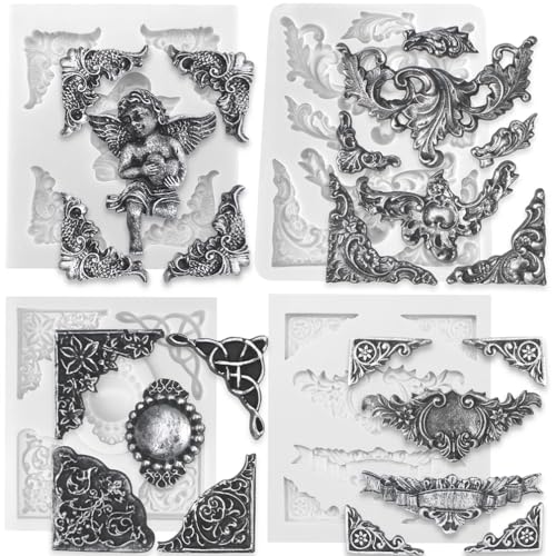 Funshowcase Angel Tag Frame Corner Scrollwork Fondant Silicone Mold for Cake Decoration Polymer Clay Crafting Projects 4Count