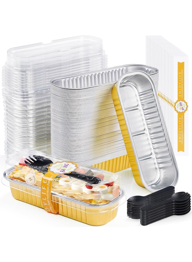 general 50 Pack Mini Loaf Pans with Lids and Spoons Disposable Aluminum Tin Foil Pans Rectangle Mini Loaf Cake Pan for Baking,Party,Picnics,Gifts (Gold) - Image 1