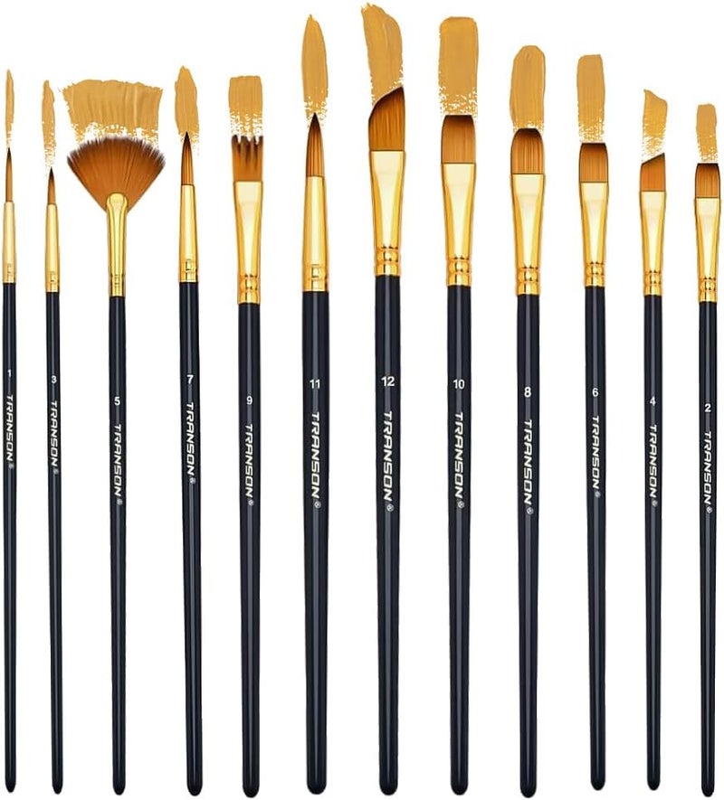TRANSON Art Painting Brush Assorted Set of 12 for Acrylic Watercolor Gouache Hobby Painting - Image 4