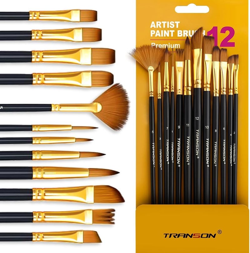 TRANSON Art Painting Brush Assorted Set of 12 for Acrylic Watercolor Gouache Hobby Painting - Image 1