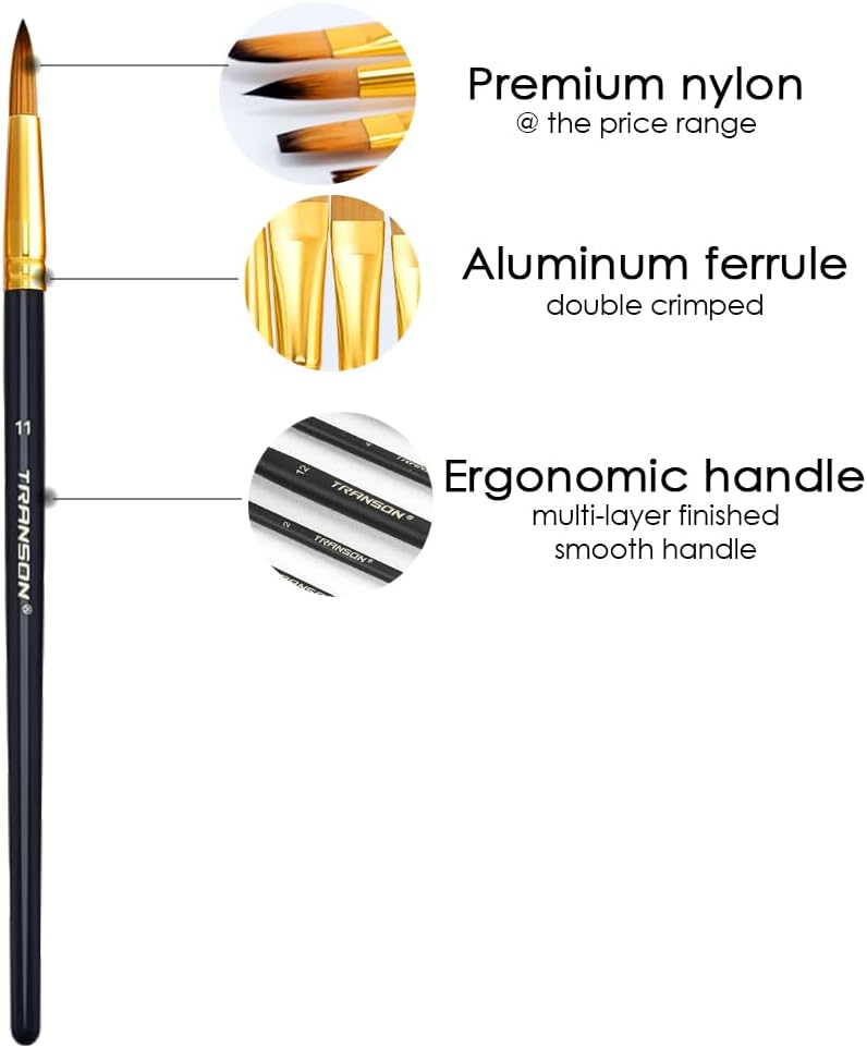 TRANSON Art Painting Brush Assorted Set of 12 for Acrylic Watercolor Gouache Hobby Painting - Image 3