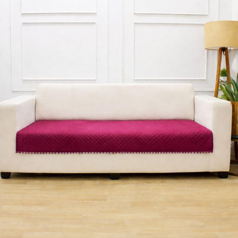 STITCHNEST 2 Seater Quilted Velvet Sofa Cover with Pom Pom | Elegant Maroon Sofa Protector for Living Room | Soft, Washable | Perfect for Enhancing Living Room Interiors - Image 2