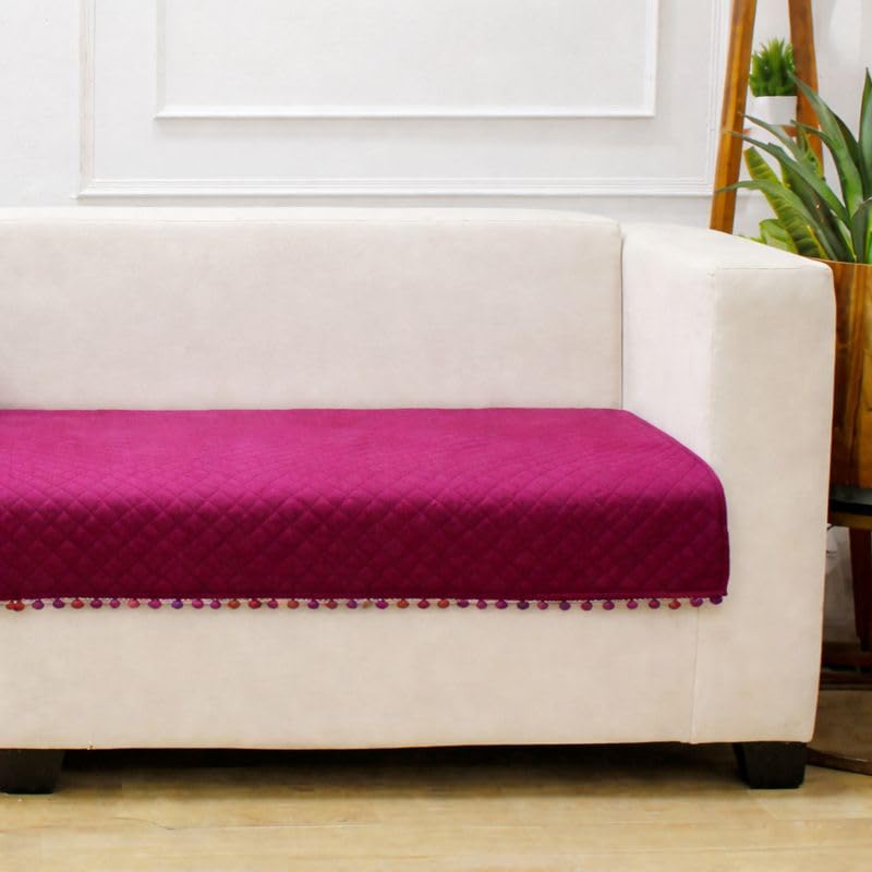 STITCHNEST 2 Seater Quilted Velvet Sofa Cover with Pom Pom | Elegant Maroon Sofa Protector for Living Room | Soft, Washable | Perfect for Enhancing Living Room Interiors - Image 3