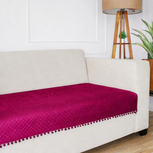 STITCHNEST 2 Seater Quilted Velvet Sofa Cover with Pom Pom | Elegant Maroon Sofa Protector for Living Room | Soft, Washable | Perfect for Enhancing Living Room Interiors - Image 1