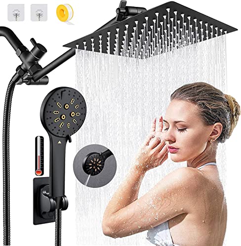Shower Head 10 High Pressure Rain Shower Head with 6 SettingsSpray Handheld Shower Head Combo 78 Long Hose and 11 Extension Arm Water Temperature Reminder Square Black Shower Heads