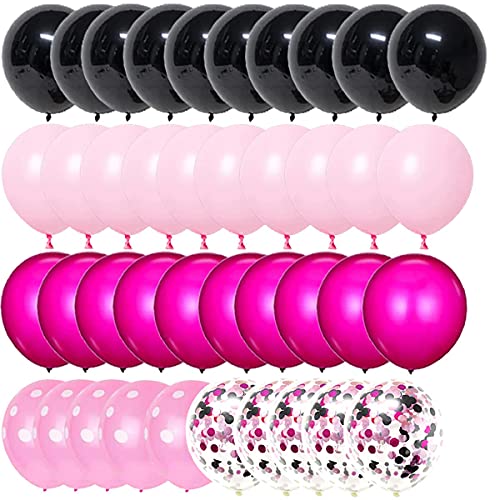 LUDEOU Hot Pink and Black Balloons, 50 PCS 12 Inch Rose Red Polka Dot Balloons for Birthday, Baby Shower, Bachelorette, Bride To Be Party Supplies - Image 1