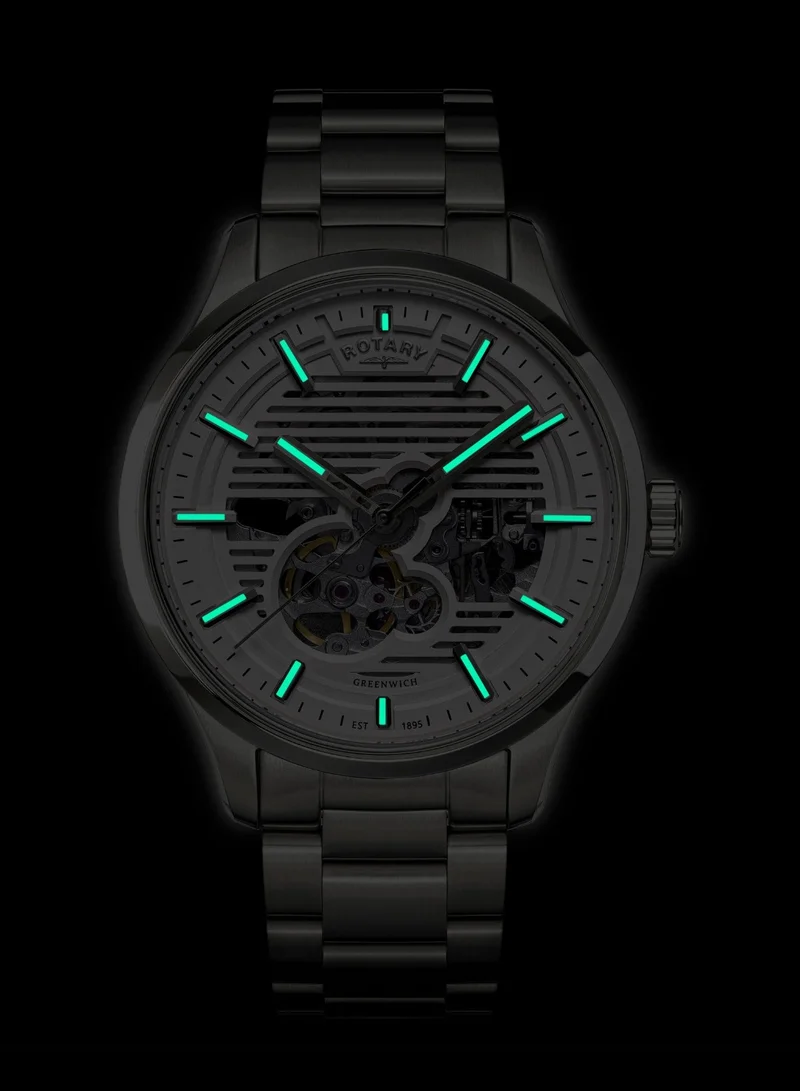 Rotary  Men's Greenwich GT1 Skeleton Automatic Watch, 42 mm, White Dial, Stainless Steel Bracelet for Men | Best Price UAE