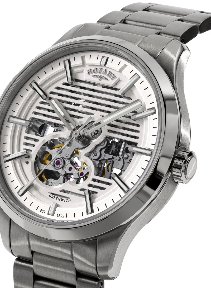 Rotary Men's Greenwich GT1 Skeleton Automatic Watch, 42 mm, White Dial, Stainless Steel Bracelet