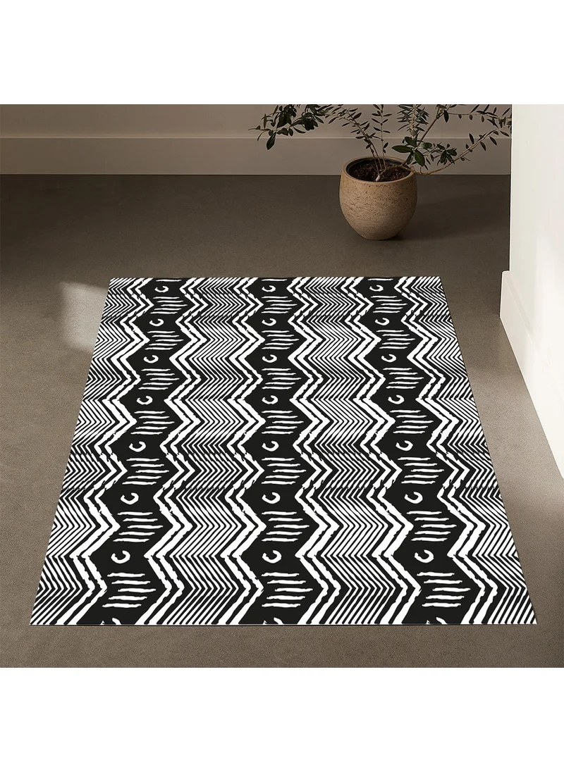 Vagonik Wagonik Bohemian Zigzag Scandinavian Patterned Black and White Digital Printed Carpet Non-Slip Based Washable Carpet