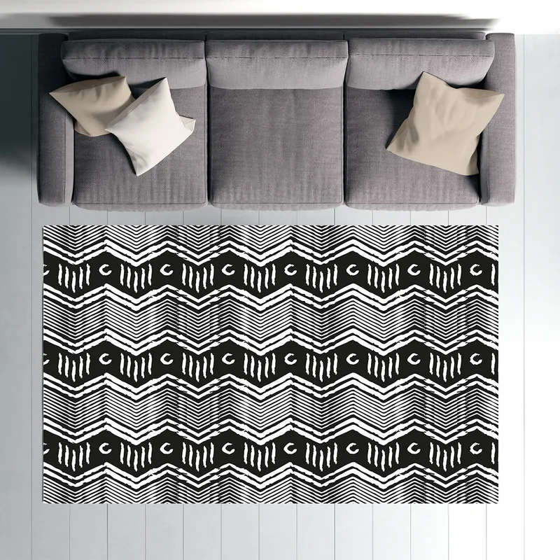 Vagonik Wagonik Bohemian Zigzag Scandinavian Patterned Black and White Digital Printed Carpet Non-Slip Based Washable Carpet