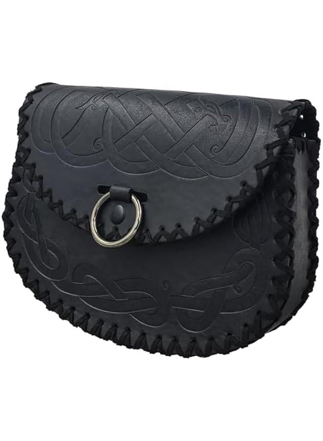 Viking Embossed Belt Bag, Vintage Medieval Faux Leather Side Pack, Middle Ages Portable Belt Pouch For LARP Ren Faire (Black A)  - Image 2