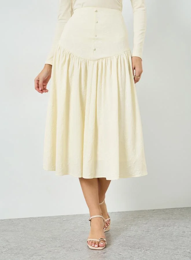Take Two Beige Texture Buttoned Side Pleated Midi Skirt