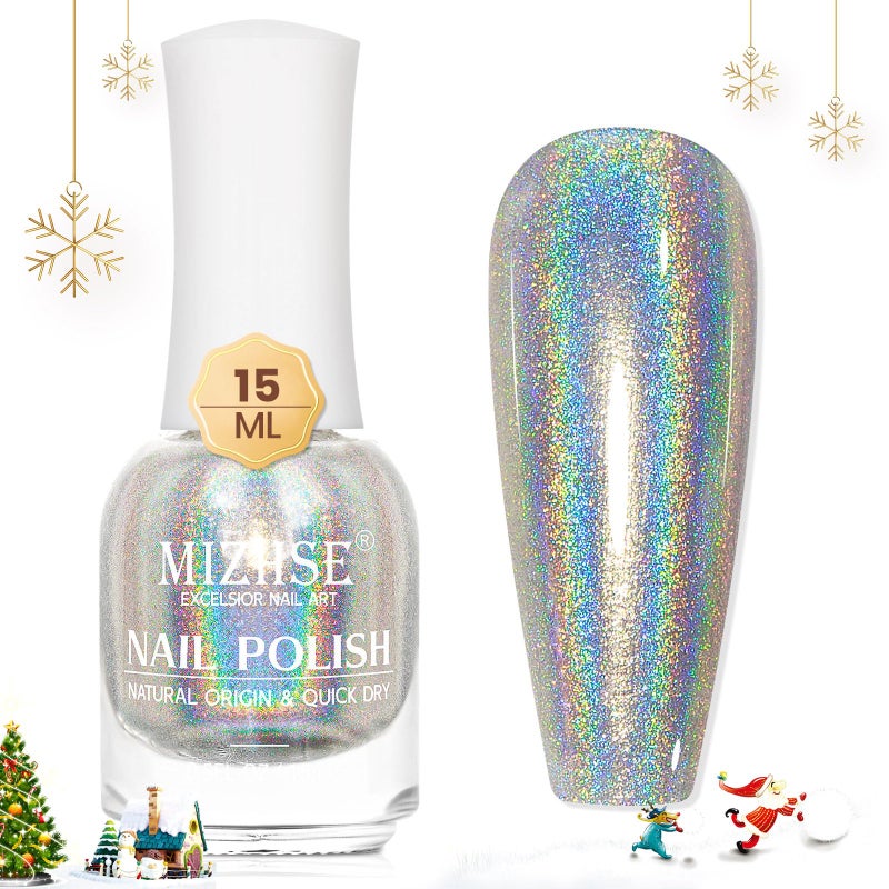 MIZHSE طلاء أظافر مزيه holographic، طلاء أظافر لامع فضي يجف بسرعة، 15 مل 0.5 أونصة سائلة، صبغة أظافر لامعة عالية اللمعان، طلاء أظافر لامع بالليزر، طلاء أظافر كروم هالو، فن أظافر، صالون تجميل الأظافر في المنزل - Image 1
