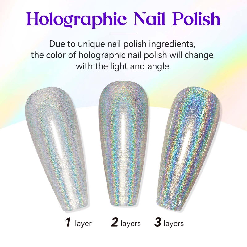 MIZHSE طلاء أظافر مزيه holographic، طلاء أظافر لامع فضي يجف بسرعة، 15 مل 0.5 أونصة سائلة، صبغة أظافر لامعة عالية اللمعان، طلاء أظافر لامع بالليزر، طلاء أظافر كروم هالو، فن أظافر، صالون تجميل الأظافر في المنزل - Image 3