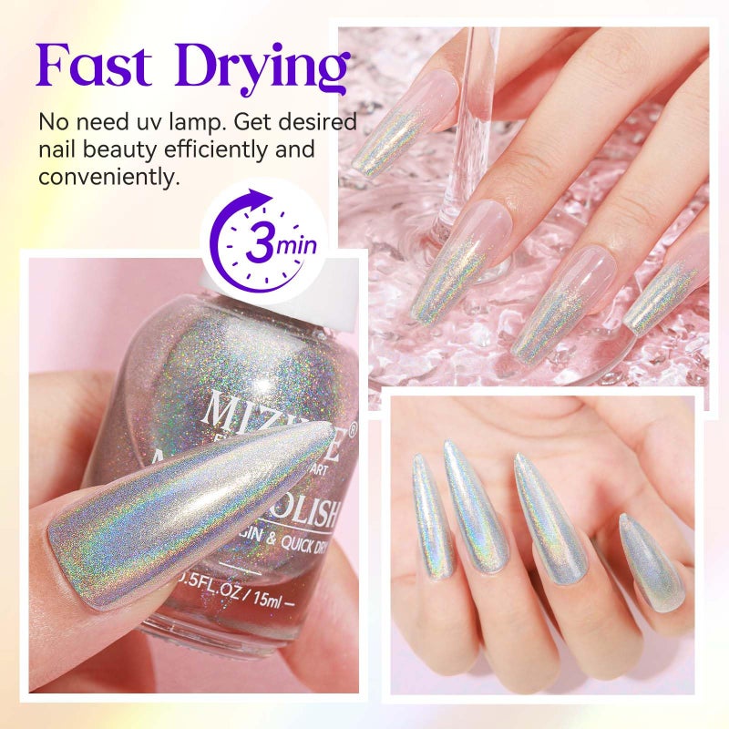 MIZHSE طلاء أظافر مزيه holographic، طلاء أظافر لامع فضي يجف بسرعة، 15 مل 0.5 أونصة سائلة، صبغة أظافر لامعة عالية اللمعان، طلاء أظافر لامع بالليزر، طلاء أظافر كروم هالو، فن أظافر، صالون تجميل الأظافر في المنزل - Image 4