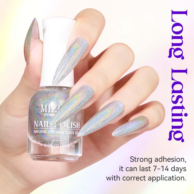 MIZHSE طلاء أظافر مزيه holographic، طلاء أظافر لامع فضي يجف بسرعة، 15 مل 0.5 أونصة سائلة، صبغة أظافر لامعة عالية اللمعان، طلاء أظافر لامع بالليزر، طلاء أظافر كروم هالو، فن أظافر، صالون تجميل الأظافر في المنزل - Image 5