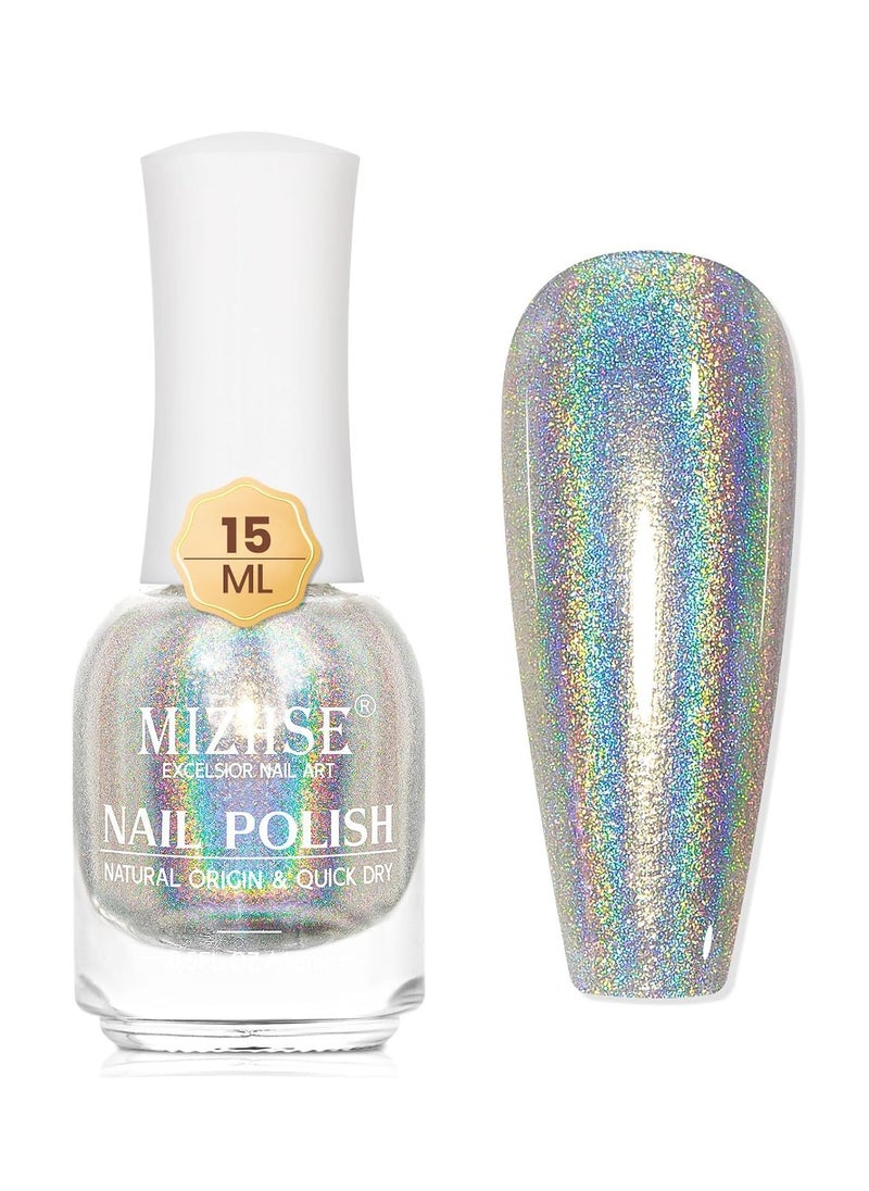 MIZHSE - MIZHSE Holographic Nail Polish, Silver Glitter Nail Polish Air Dry Fast, 15 ml 0.5 fl oz High Glossy Shiny Nail Pigment Oil-based Laser Iridescent Nail Polish Chrome Halo Nail Art Salon Manicure Home - Image 1
