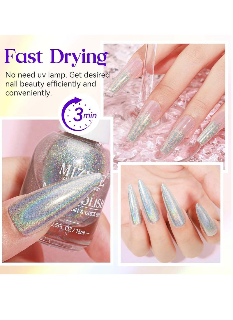 MIZHSE - MIZHSE Holographic Nail Polish, Silver Glitter Nail Polish Air Dry Fast, 15 ml 0.5 fl oz High Glossy Shiny Nail Pigment Oil-based Laser Iridescent Nail Polish Chrome Halo Nail Art Salon Manicure Home - Image 1