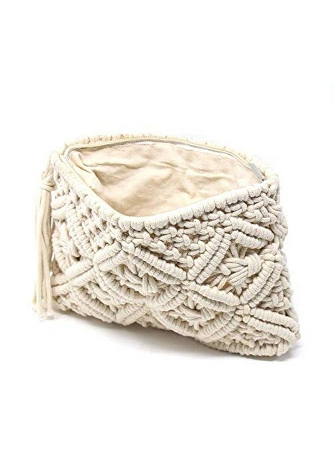 COTTONCUBE Handmade Cream Macrame Clutch with Tassel -Coloured textured clutch 1 main compartment with zip closure size Height 20,cm width 29 cm pack of 1 - Image 1