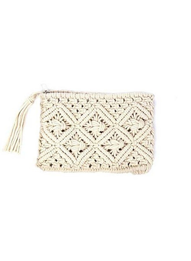 COTTONCUBE Handmade Cream Macrame Clutch with Tassel -Coloured textured clutch 1 main compartment with zip closure size Height 20,cm width 29 cm pack of 1 - Image 2