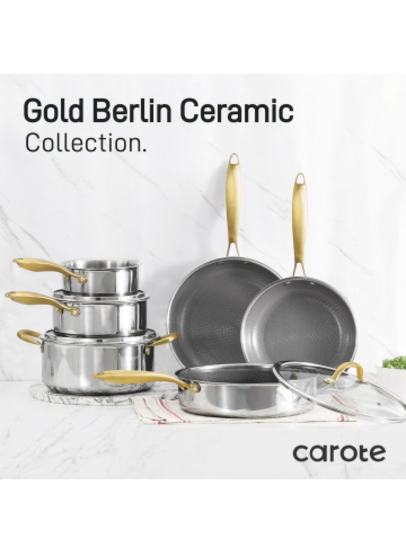 CAROTE 10 Piece Premium Heavy Stainless steel Tri-ply Bottom Cookware Set with Honeycomb design, gold handles, 1X16Cm Frying Pan, 1X24Cm Frying Pan, 1X28Cm Frying Pan, 1X28Cm Saucepan with Lid, 1X16Cm Saucepan, 1X20Cm Saucepan with Lid, 1x24Cm Casserole with Lid, Silver  - Image 3