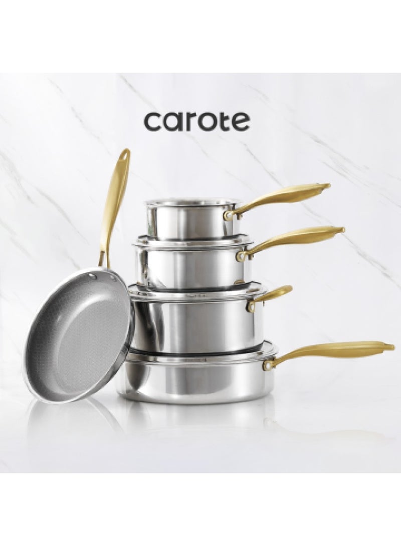 CAROTE 10 Piece Premium Heavy Stainless steel Tri-ply Bottom Cookware Set with Honeycomb design, gold handles, 1X16Cm Frying Pan, 1X24Cm Frying Pan, 1X28Cm Frying Pan, 1X28Cm Saucepan with Lid, 1X16Cm Saucepan, 1X20Cm Saucepan with Lid, 1x24Cm Casserole with Lid, Silver  - Image 4