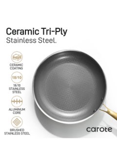 CAROTE 10 Piece Premium Heavy Stainless steel Tri-ply Bottom Cookware Set with Honeycomb design, gold handles, 1X16Cm Frying Pan, 1X24Cm Frying Pan, 1X28Cm Frying Pan, 1X28Cm Saucepan with Lid, 1X16Cm Saucepan, 1X20Cm Saucepan with Lid, 1x24Cm Casserole with Lid, Silver  - Image 5